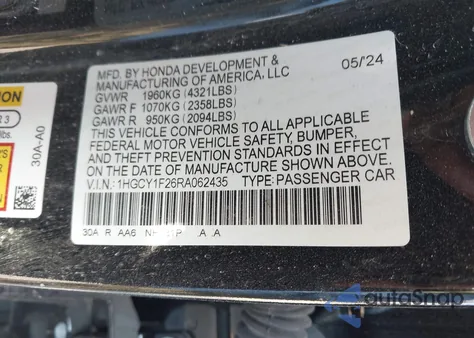 2024 Honda Accord Lx из США, поврежденный, VIN 0001HGCY1F26RA062